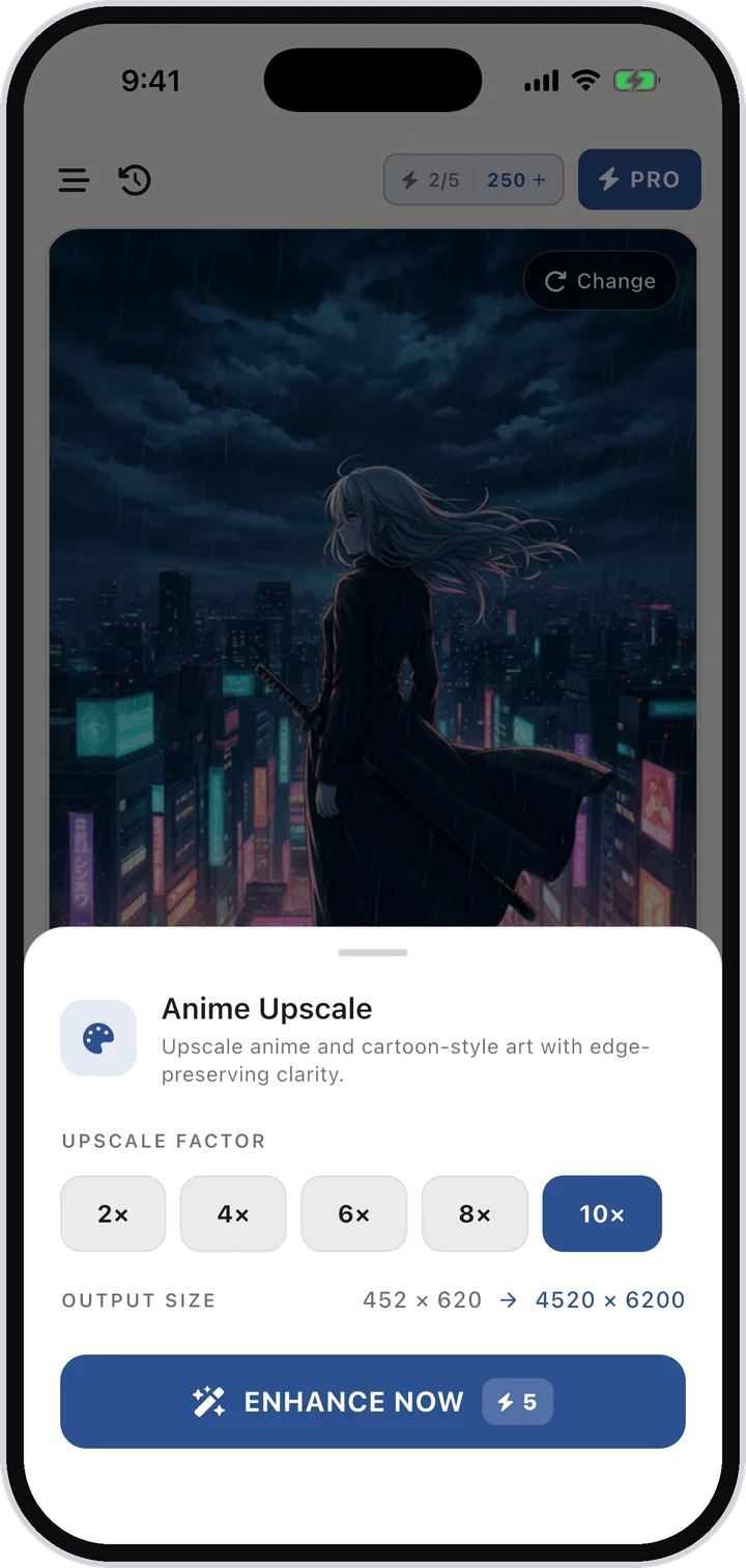 Anime Upscale at 10×, turning 452 × 620 into 4520 × 6200
