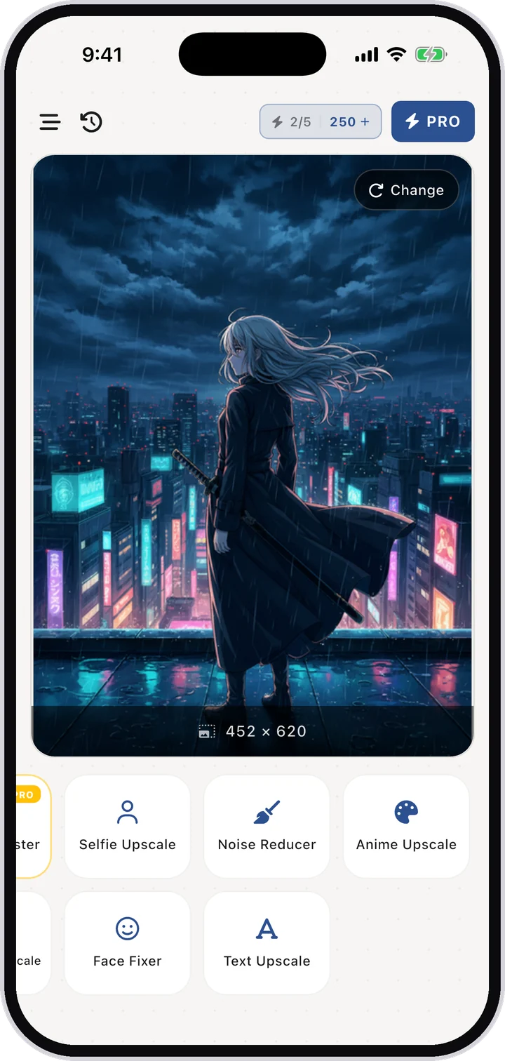 Anime artwork open in AI Upscale with the tool row below