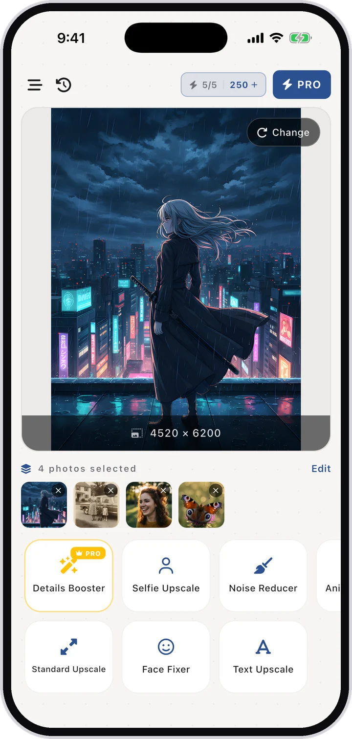 Batch mode with four photos queued for a single tool