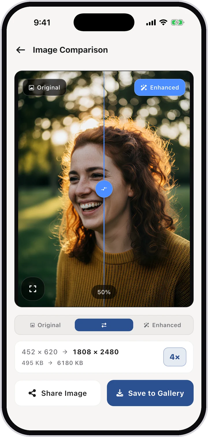 Image Comparison screen after a real 4× upscale, with the before/after slider