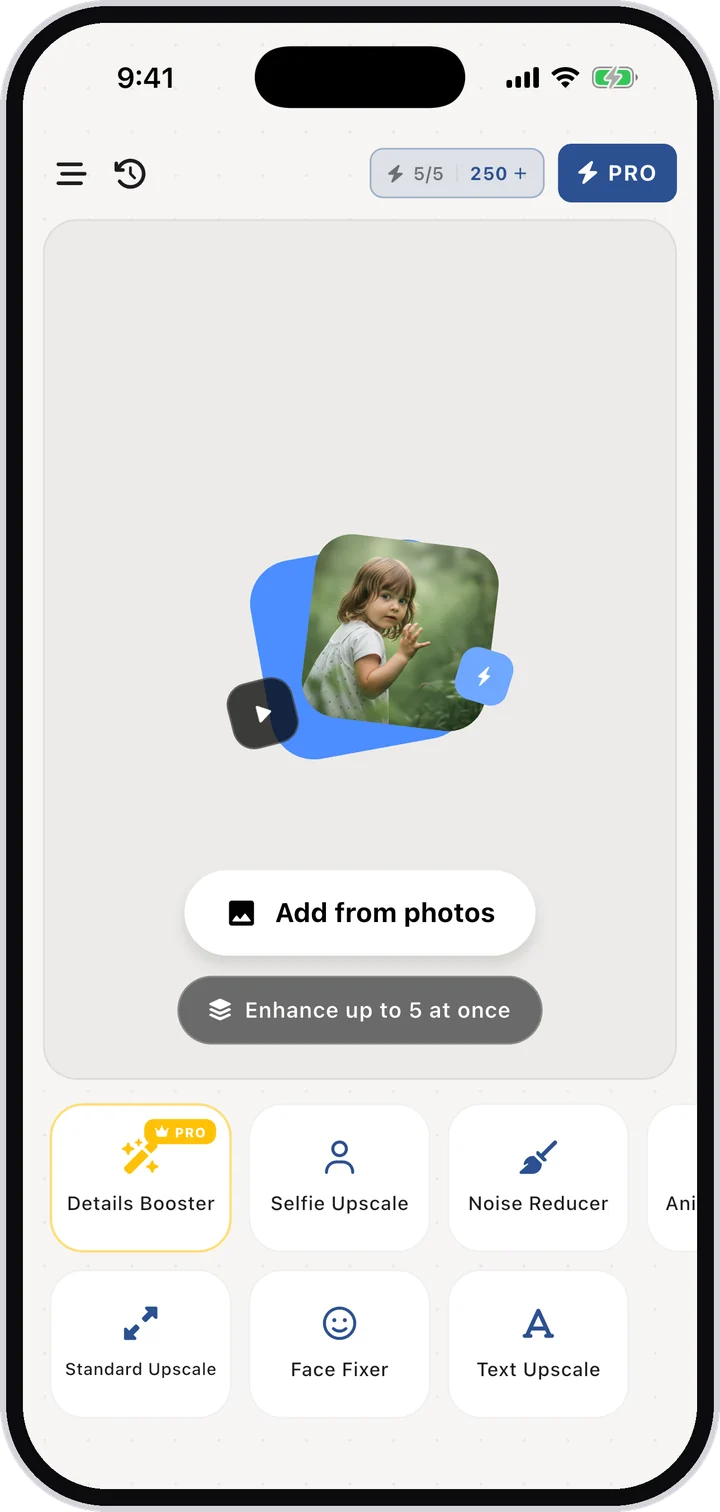 AI Upscale home screen with the seven AI enhancement tools