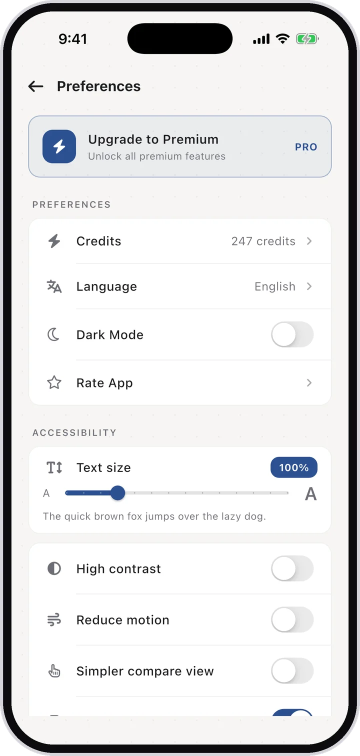 Preferences with language, dark mode, text size and contrast controls